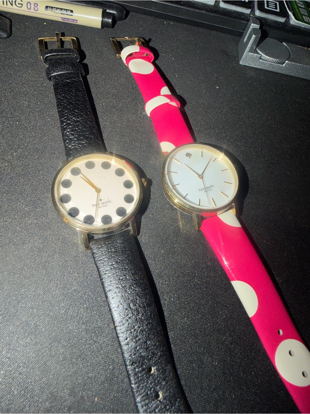 kate spade women's watches - black leather & pink polka dot straps
